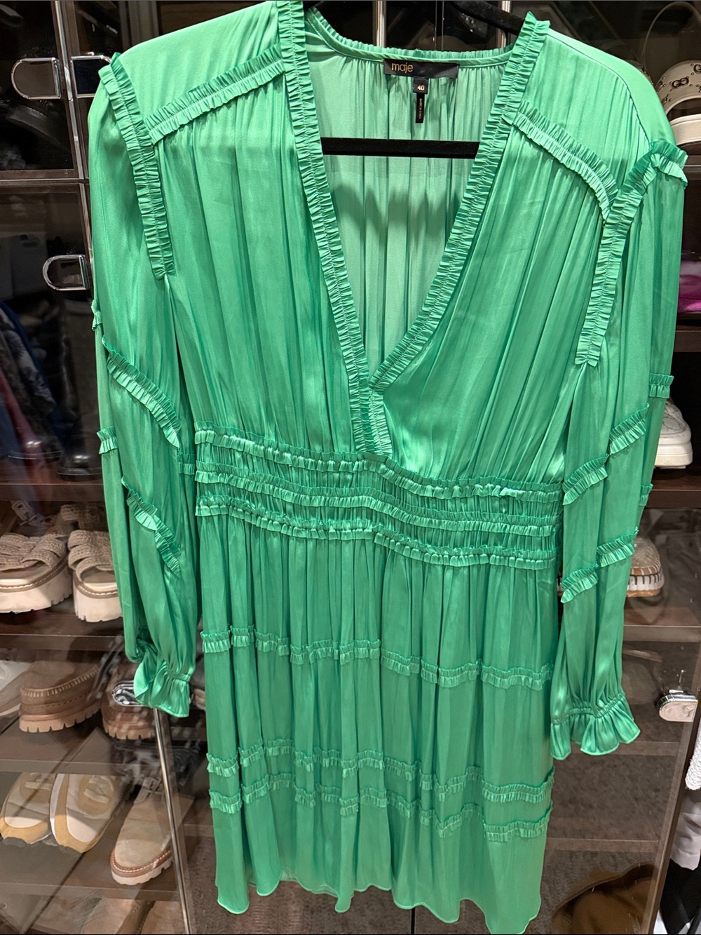 Maje Bright Green Pleated V-Neck Long Sleeve Dress